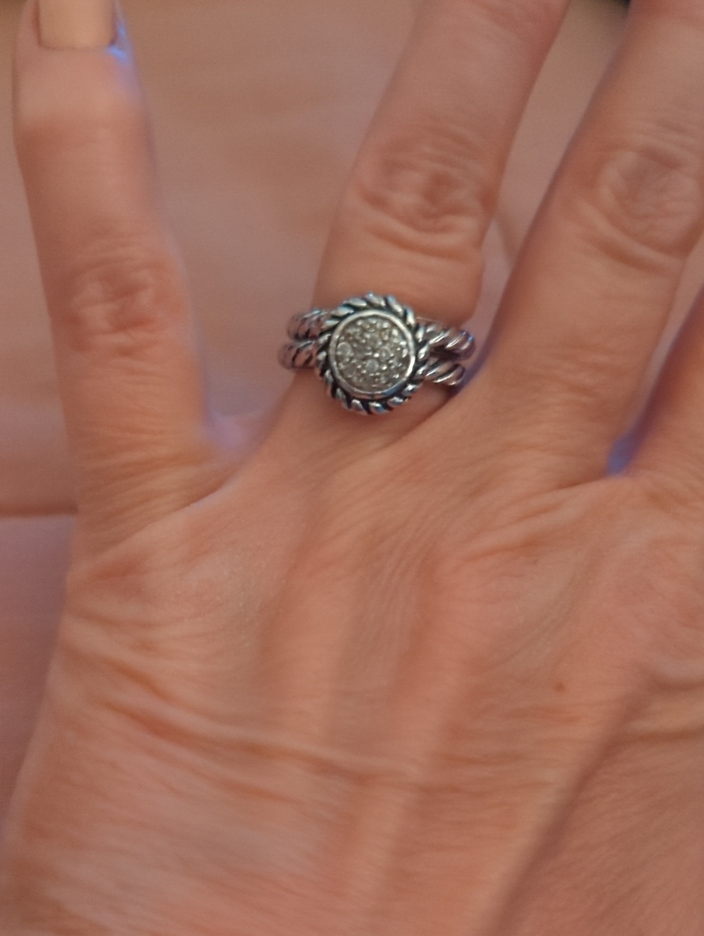 Silver Twisted Rope Round Pavé Ring - Women Jewelry